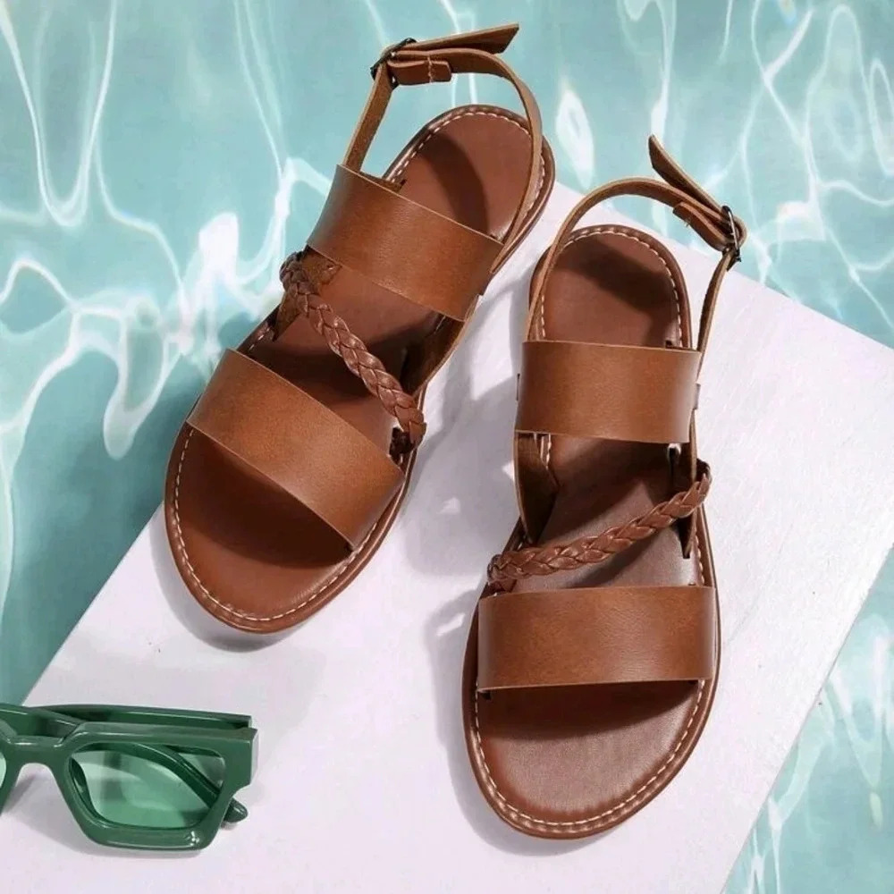 Women Braided Detail Buckle Decor Slingback Sandals, Vacation Flat Sandals - Picture 4 of 7